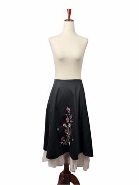 Helium Vintage Y2K Black Pink Tulle Embroidered Floral Skirt Whimsigoth Fairy S
